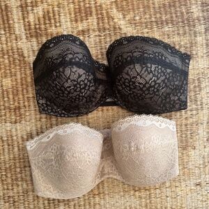 b.tempt'd by Wacoal set/2 Lined Black & Nude Strapless Bra Sz 36DD